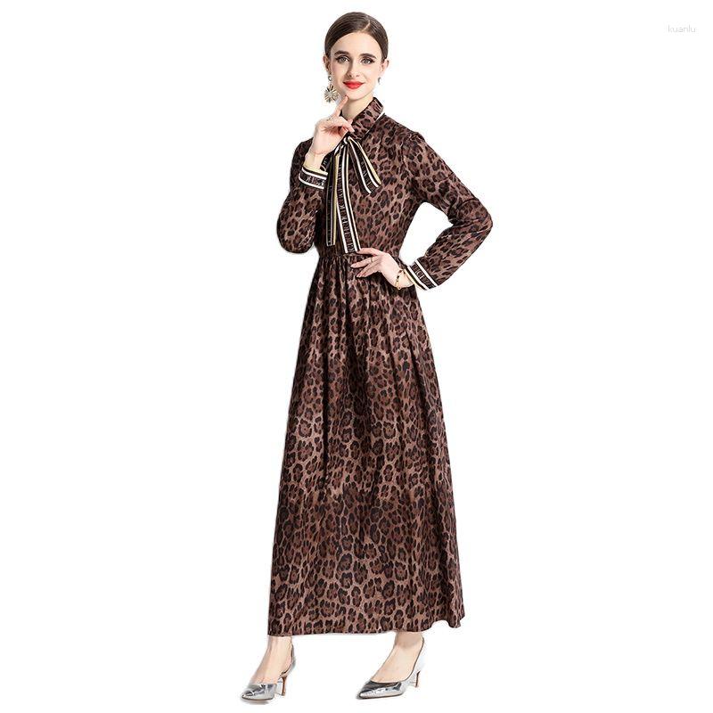 Casual Dresses Leopard Print Shirt Maxi Dress Long Sleeve Women Designer Holiday Lapel Ribbon Lace Up Bow Slim Elegant Simple