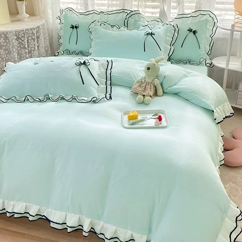 Bedding sets Korean Princess Style Set For Women Double Ruffle Lace Duvet Cover Full Queen Solid Color Comfortable Falt Bed Sheet 230731