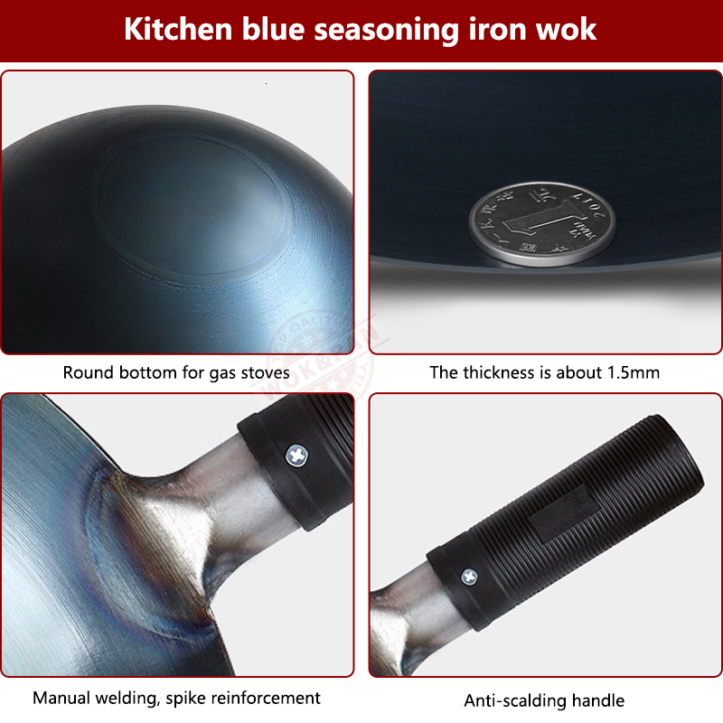 Pans 3234cm Seasoning Blue Iron Wok Uncoated Nonstick Pot Lightweight Classic Chef Outdoor Kitchen Cookware for Gas Stove 230731