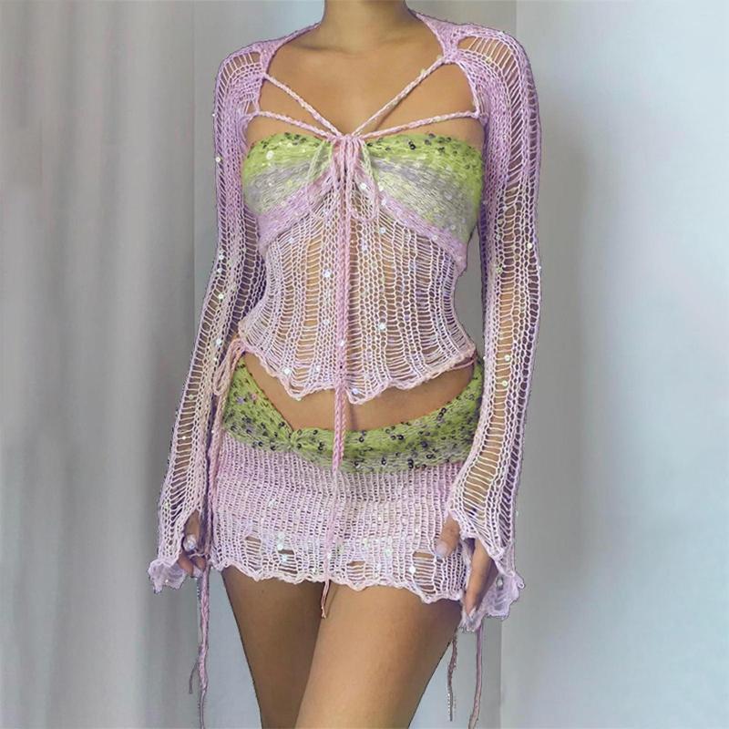 Casual Dresses Sequins Knitted Hollow Out 3 Piece Sets Women Long Flare Sleeve Crop Top And Mini Skirt Suits Sexy Bodycon Summer Outfits