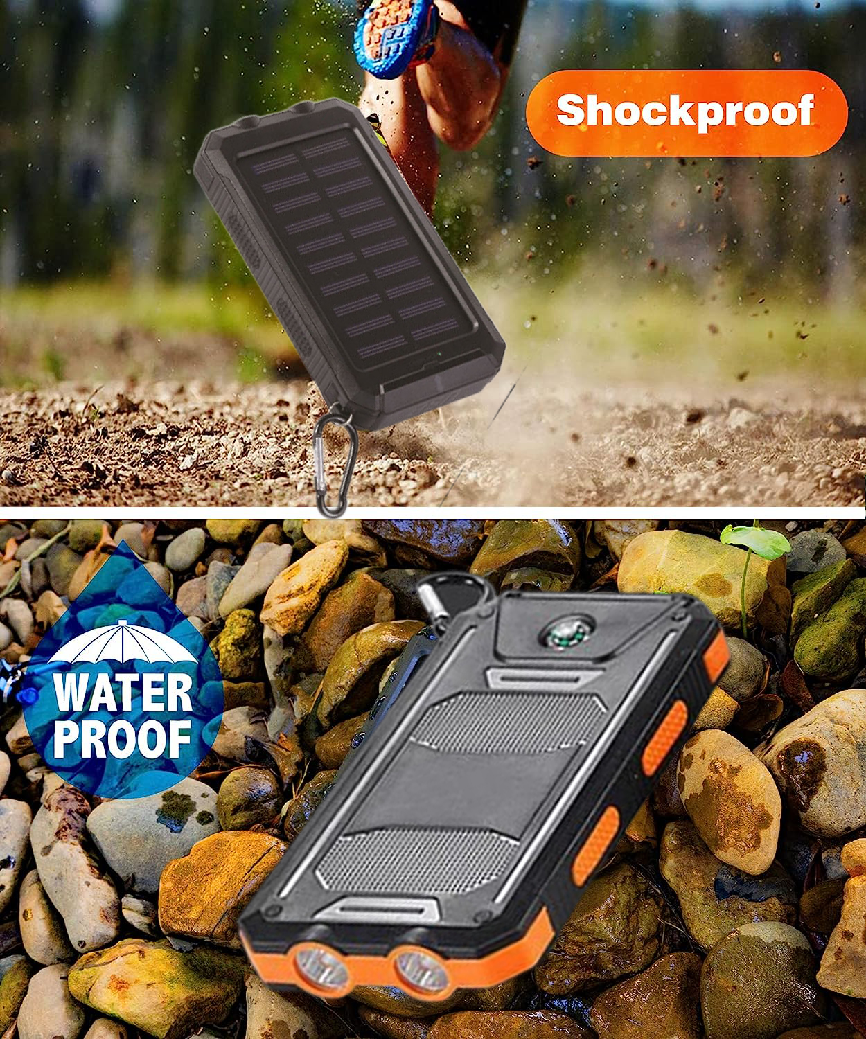 Solar Charger 8000mAh Power Bank Portable Generator Dual USB 5V Port Built-in Led Flashlight and Compass for Cell Phone Outages Home Emergency Kits Ca