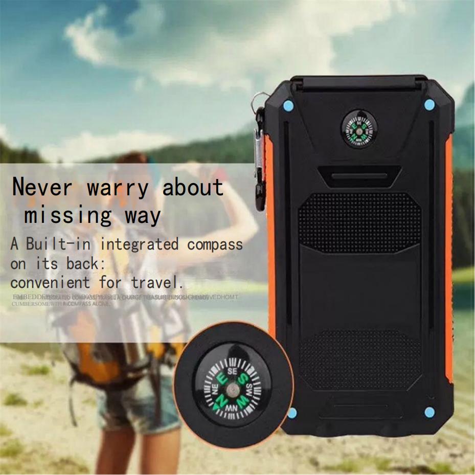 Solar Charger 8000mAh Power Bank Portable Generator Dual USB 5V Port Built-in Led Flashlight and Compass for Cell Phone Outages Home Emergency Kits Ca