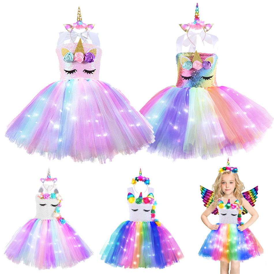 Girl's Dresses Girls Birthday Party Liight Up Unicorn Tutu Dresses Princess Dress Outfit Halloween Christmas Unicorn Costume for Kids Clothes 230