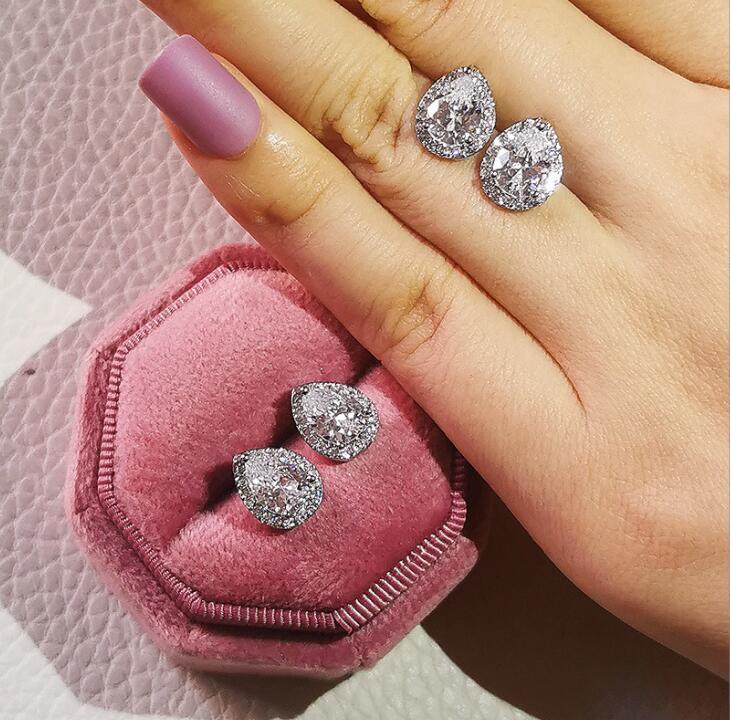 Classical Stunning Stud Earrings Fashion Jewelry 925 Sterling Silver Pear Cut Water Drop 5A Cubic Zircon CZ Diamond Gemstones Party Women Wedding Earr