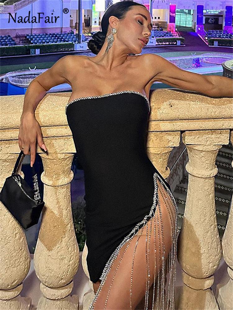 Casual Dresses Nadafair Chain Tassels Sexy Party Dress Strapless Bodycon Mini Rhinestone Backless Club Y2K Split Black Summer