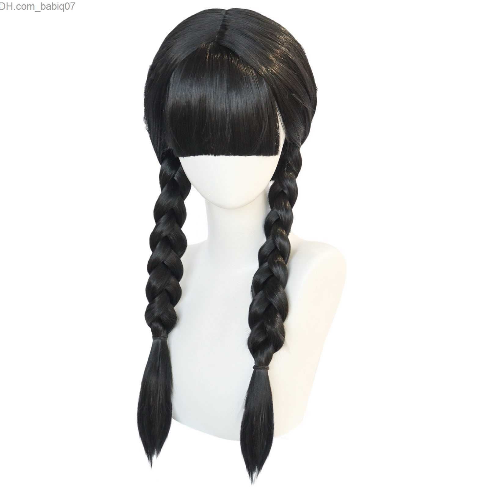 Synthetic Wigs Synthetic Wigs Anogol Wednesday Addams Cosplay Wig Movie The Family Long Black Braids Hair with Bangs for Halloween Party 230214 Z23080