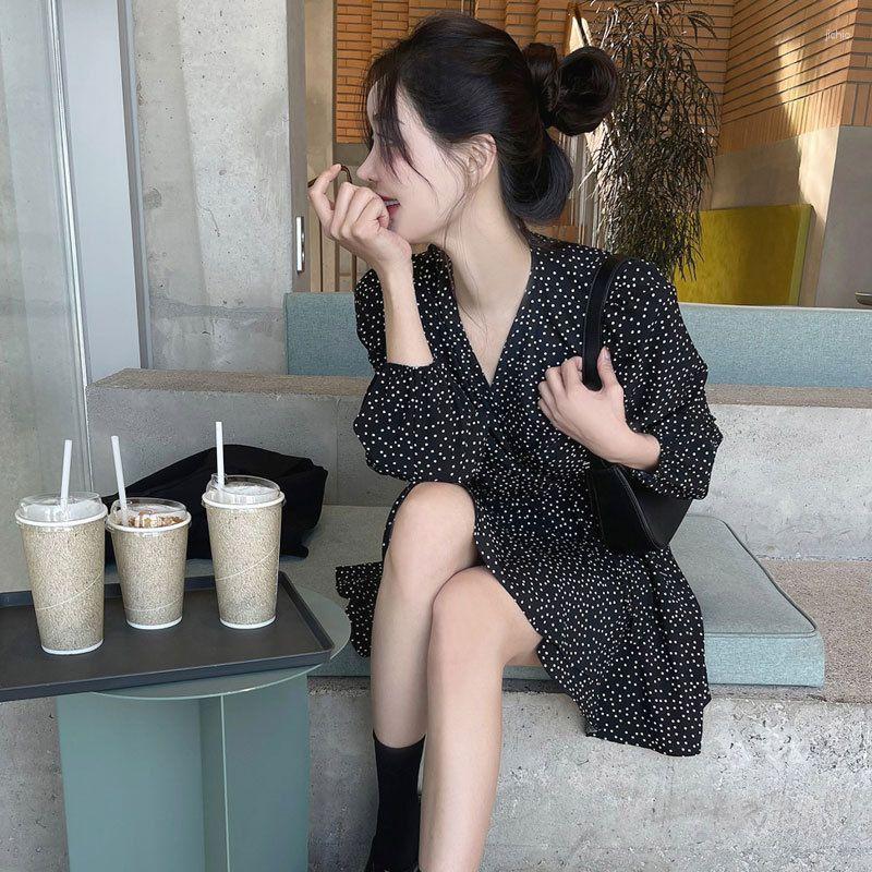 Casual Dresses 2024 Vestidos De Mujer Dress For Women V-neck Long Sleeve Polka Dot Slim Waist A-line Robe Femme Vintage Korean Mini