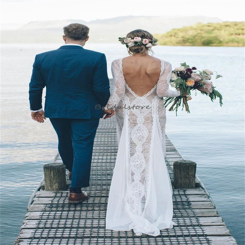 Hippies Boho Lace Wedding Dress 2023 Sexy Backless Long Sleeve Bohemian Flowy Chiffon Beach Bride Dress Civil Rustic Country Vestidos De Novia hippie 