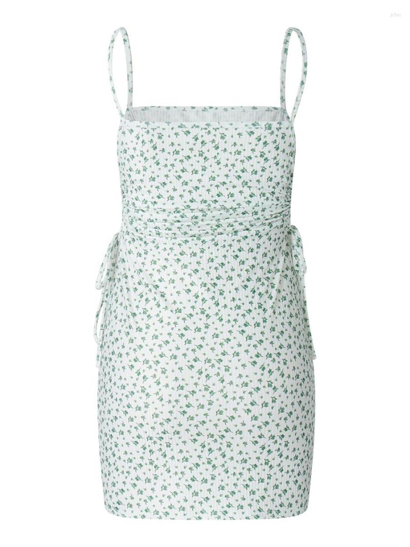 Casual Dresses Womens Bodycon Mini Dress Sleeveless Side Drawstring Cutout Floral Print Short