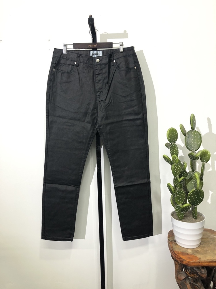 Mens Jeans Waxed Cotton Gothic Darkwear High Street Coat Autumn Fashion Straight Solid Black Chic Denim Pants 12A2908 230731