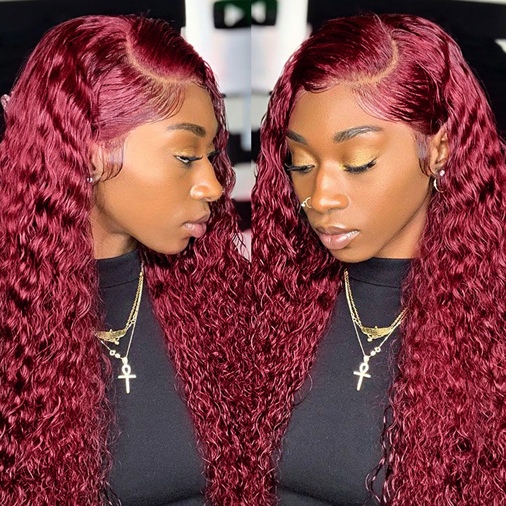 13x4 13x6 Brazilian Deep Curly Lace Frontal Wig Transparent 99J Burgundy Curly Lace Front Wigs Red Colored HD Deep Wave Simulation Human Hair Wigs