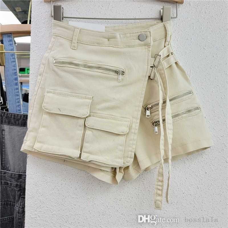 2023 Fashion Womens Shorts Skirts Elastic Jeans Irregular Multi Pocket Cargo Pants Zipper Bag Shorts Spring Summer New Denim Skirt Pants