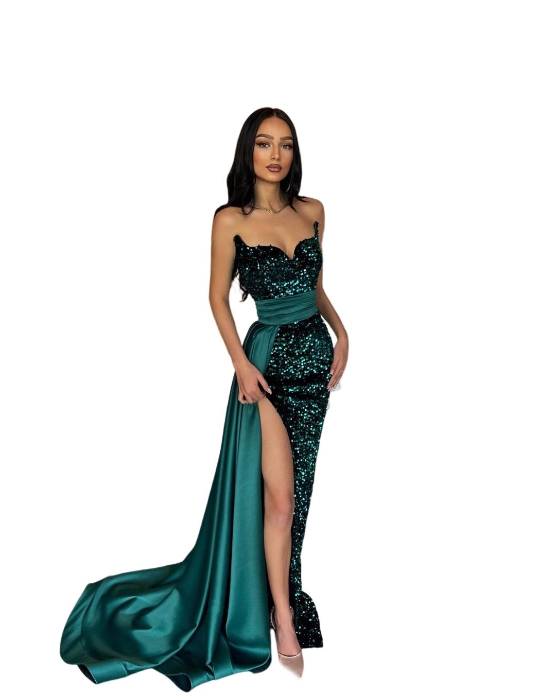 Dark Green Prom Sequins Waist Decoration Party Evening Dress Split Pleats Dresses For Special Ocn Lz0304