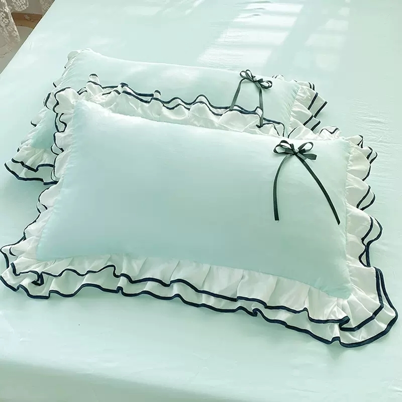 Bedding sets Korean Princess Style Set For Women Double Ruffle Lace Duvet Cover Full Queen Solid Color Comfortable Falt Bed Sheet 230731