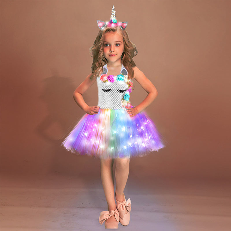 Girl's Dresses Girls Birthday Party Liight Up Unicorn Tutu Dresses Princess Dress Outfit Halloween Christmas Unicorn Costume for Kids Clothes 230
