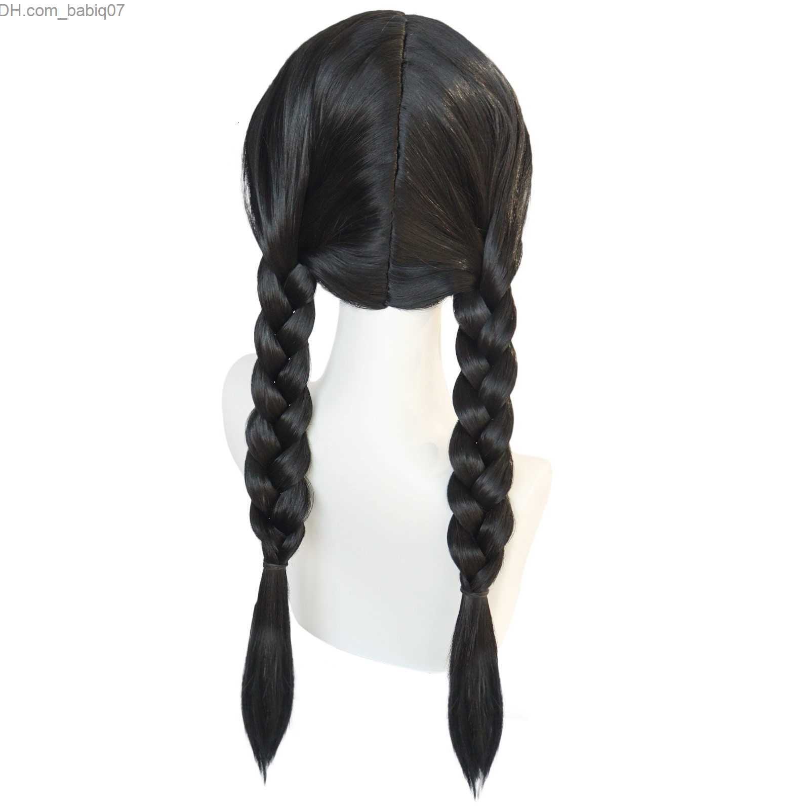 Synthetic Wigs Synthetic Wigs Anogol Wednesday Addams Cosplay Wig Movie The Family Long Black Braids Hair with Bangs for Halloween Party 230214 Z23080