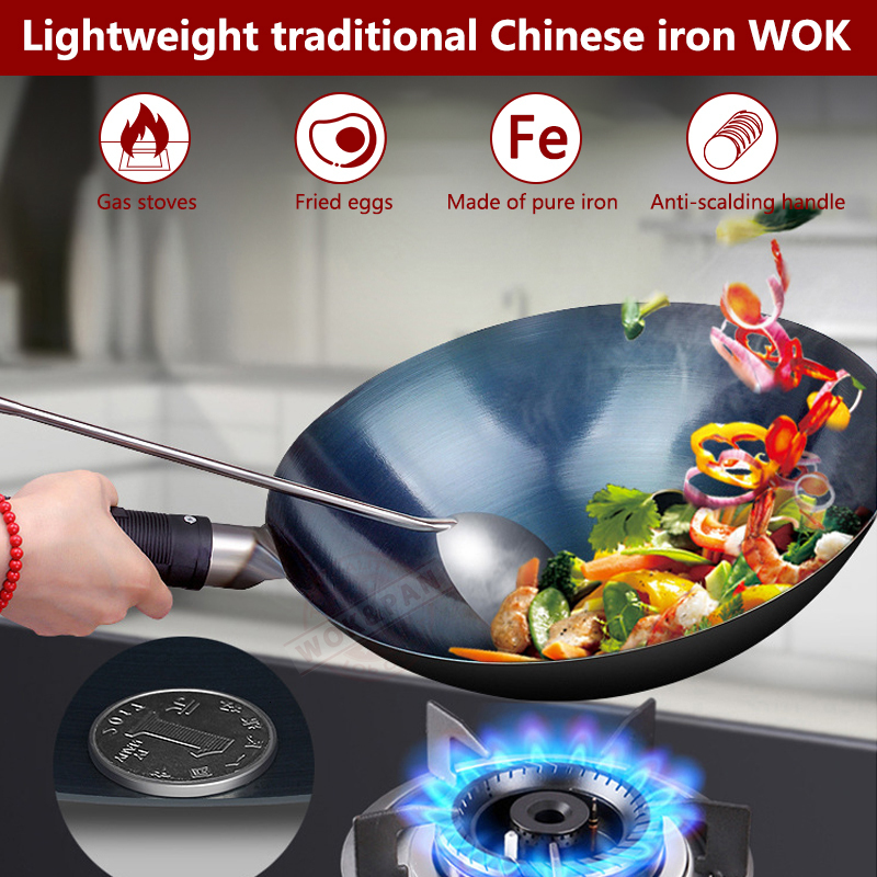 Pans 3234cm Seasoning Blue Iron Wok Uncoated Nonstick Pot Lightweight Classic Chef Outdoor Kitchen Cookware for Gas Stove 230731