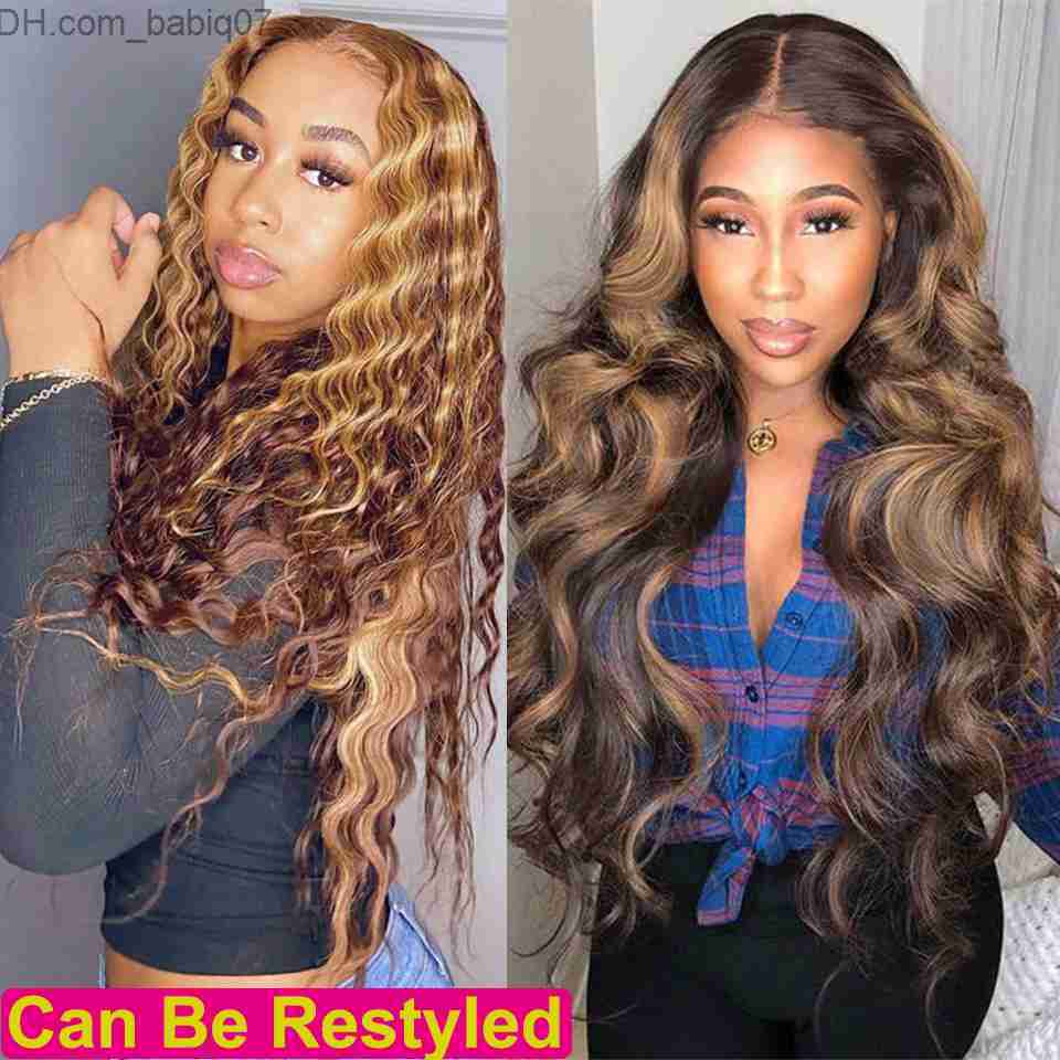 Synthetic Wigs Cynosure Highlight Wig Brown Colored Human Hair Wigs Ombre Straight Lace Front Wig Remy Highlight Lace Frontal Wigs Z230801