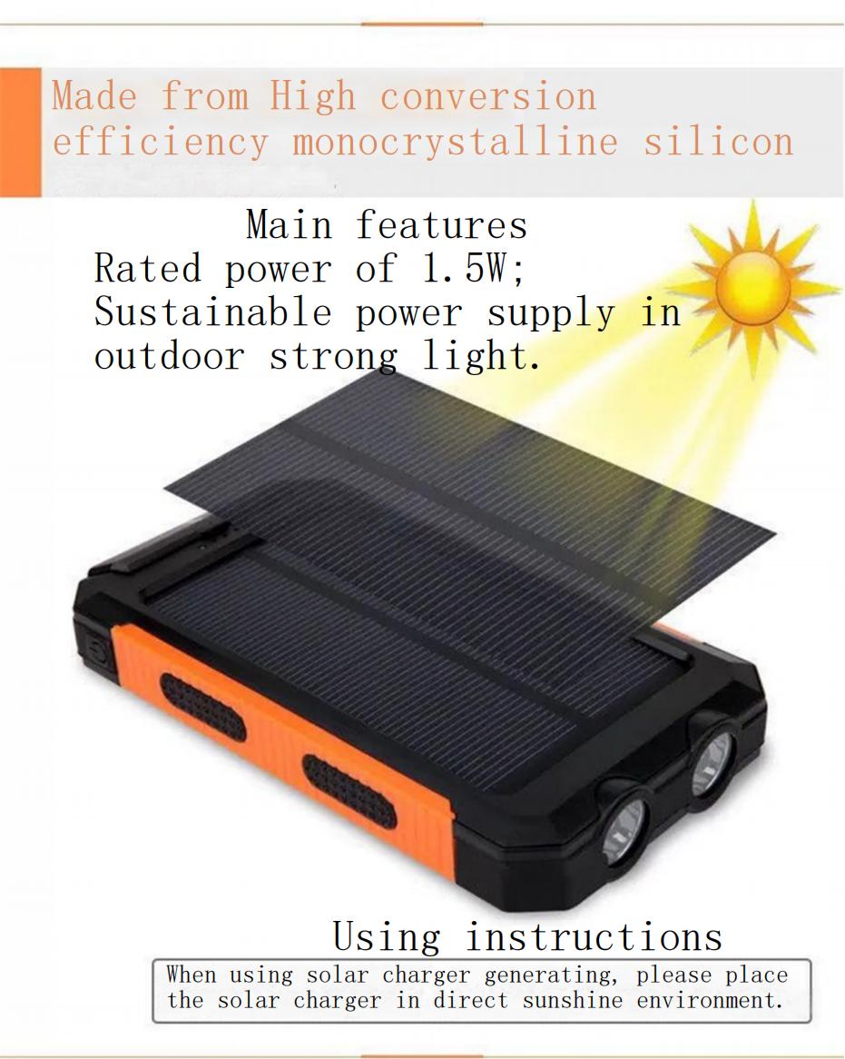 Solar Charger 8000mAh Power Bank Portable Generator Dual USB 5V Port Built-in Led Flashlight and Compass for Cell Phone Outages Home Emergency Kits Ca