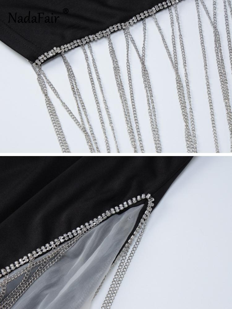 Casual Dresses Nadafair Chain Tassels Sexy Party Dress Strapless Bodycon Mini Rhinestone Backless Club Y2K Split Black Summer