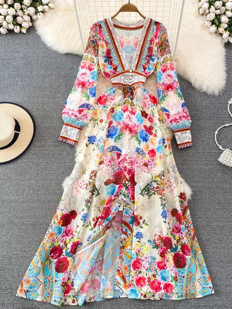 Basic Casual Dresses Runway wer Elegant Chiffon Maxi Dress Women Deep V Neck Long Sleeve ral Print Holiday Party Split Robe Vestido 230801