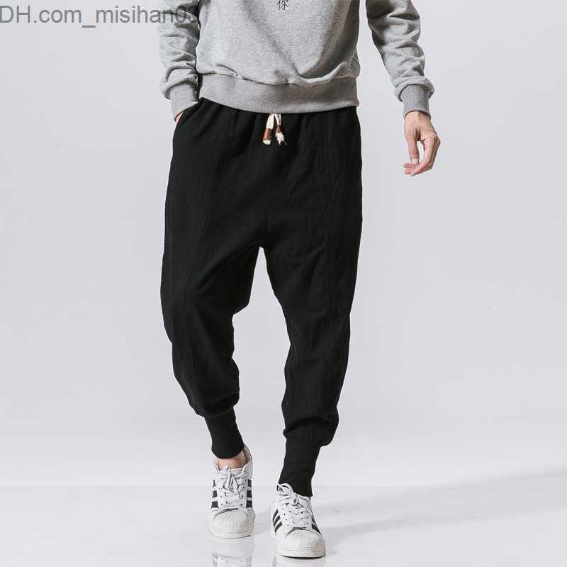 Men's Pants Spring casual oversized harem pants Men's street clothing Solid color Harajuku pocket pants Men's cotton linen elastic wais