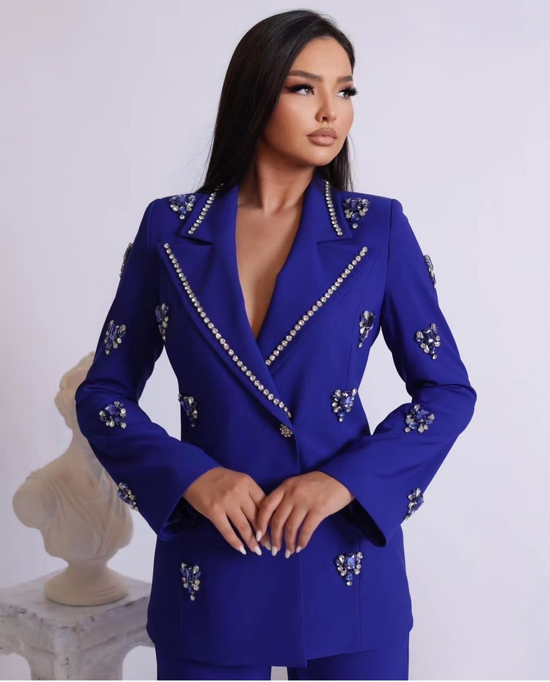 Luxury Women 2 Pcs Bule Suit V-Neck Beads Crystal Coat Custom Made Blazer with Pant Designer Customize