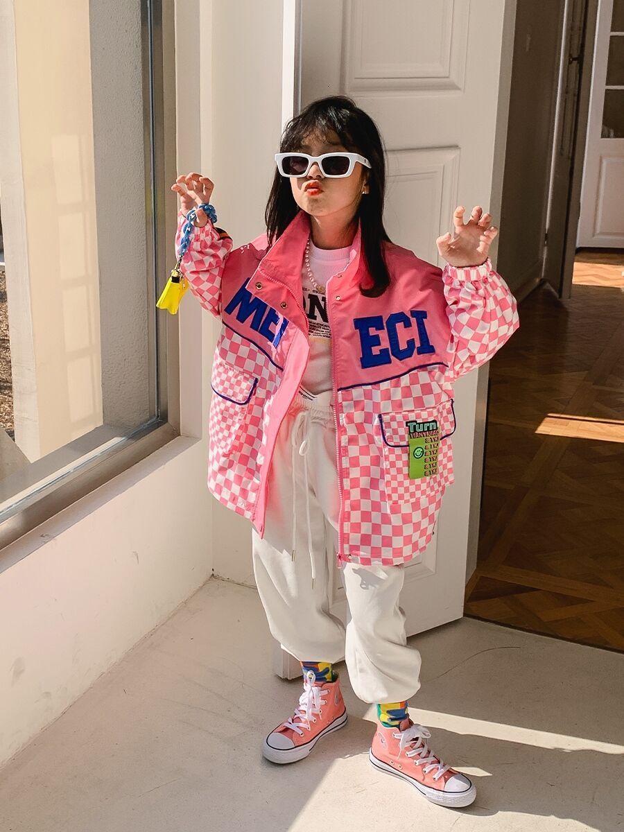 Jackets Girls Plaid Pink Jackets Baby 8 10 years Streetwear Spring Fall Fashion Loose Coat Teen Girls Jackets 230801