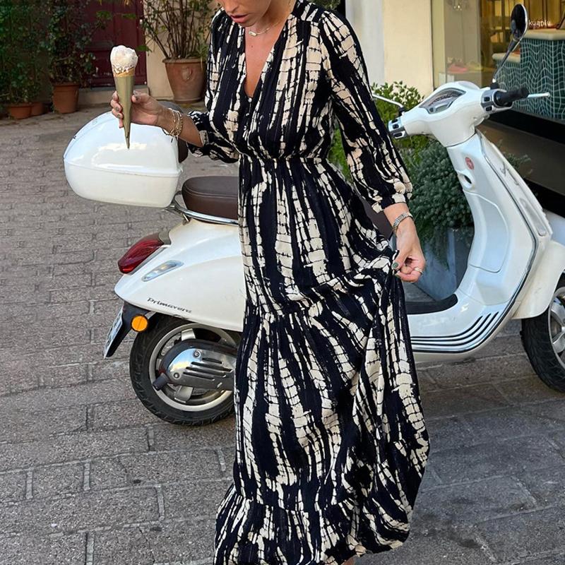 Casual Dresses Women Sexy Backless Boho Party Dress Fashion Drawn Pleat Layered Loose Swing Beach Tie-dye Print V-neck Long