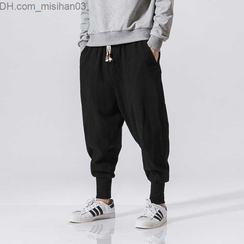 Men's Pants Spring casual oversized harem pants Men's street clothing Solid color Harajuku pocket pants Men's cotton linen elastic wais