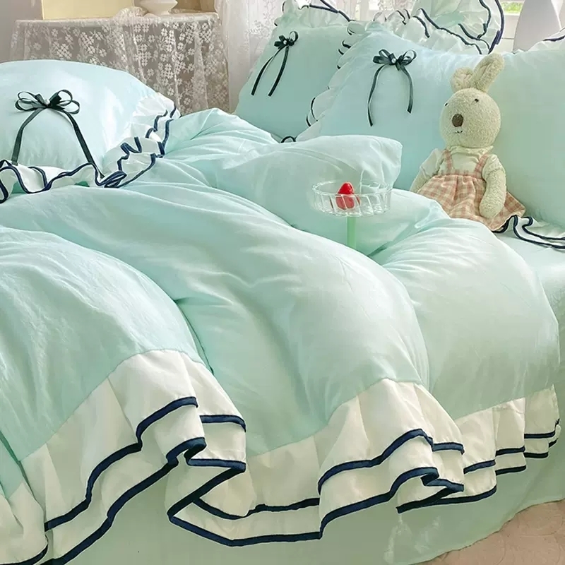 Bedding sets Korean Princess Style Set For Women Double Ruffle Lace Duvet Cover Full Queen Solid Color Comfortable Falt Bed Sheet 230731