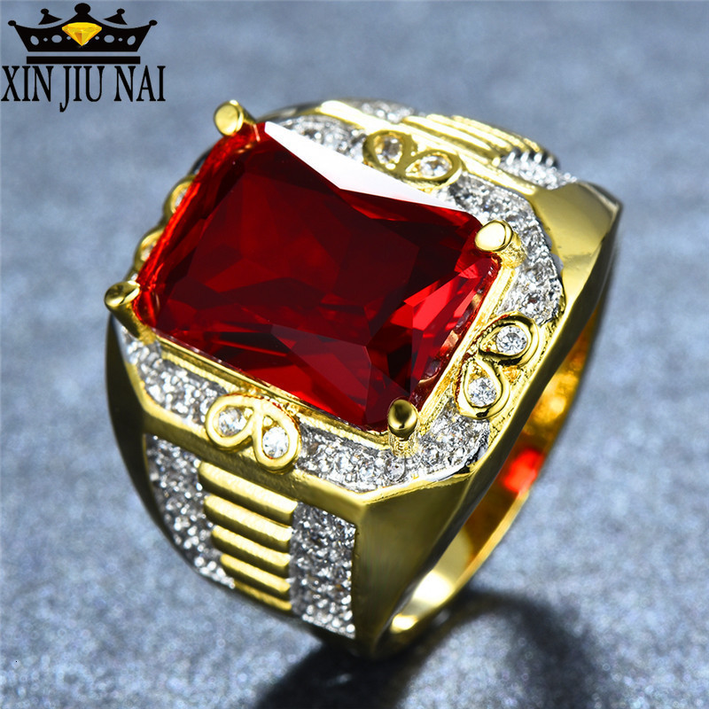 Wedding Rings Gorgeous Male Big Red Stone s925 Ring Fashion 18KT Yellow Gold Filled Vintage Engagement For Men gifts for men 230801