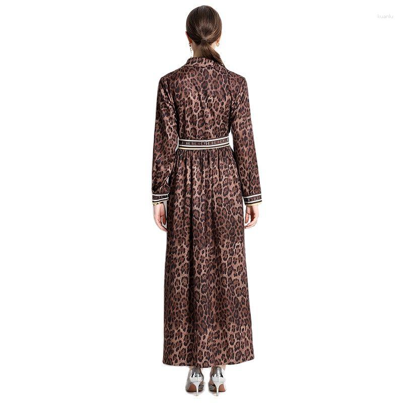 Casual Dresses Leopard Print Shirt Maxi Dress Long Sleeve Women Designer Holiday Lapel Ribbon Lace Up Bow Slim Elegant Simple