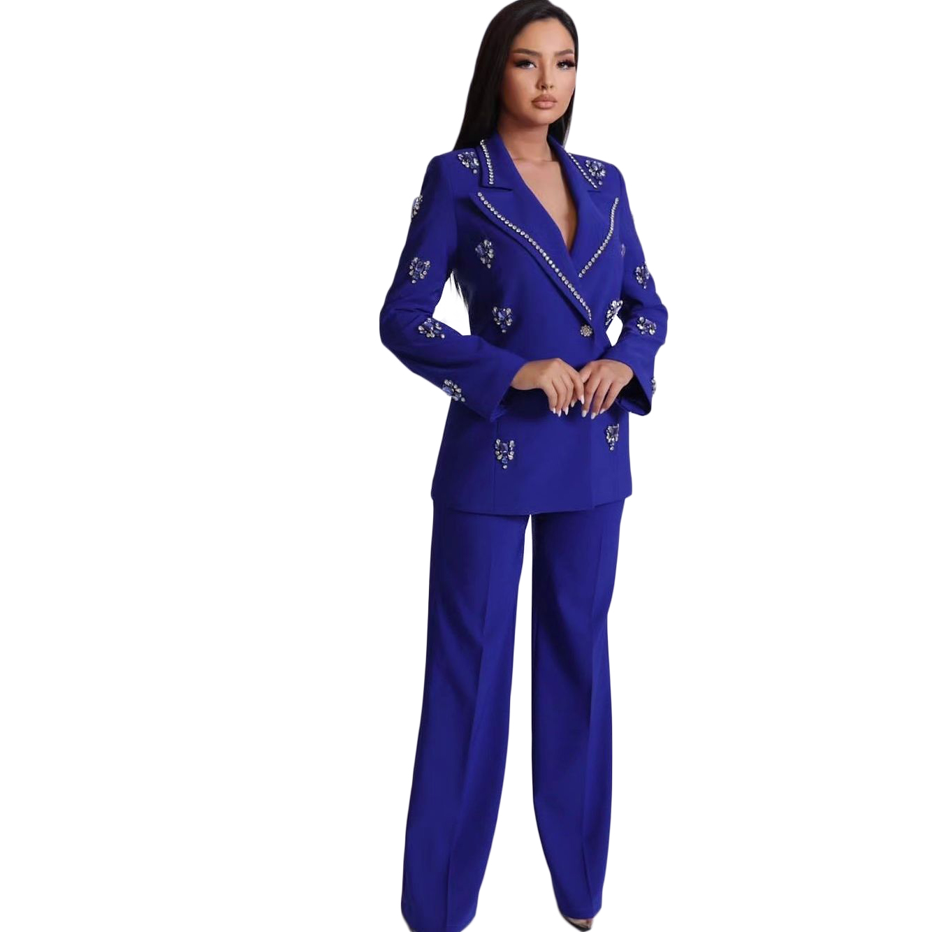 Luxury Women 2 Pcs Bule Suit V-Neck Beads Crystal Coat Custom Made Blazer with Pant Designer Customize