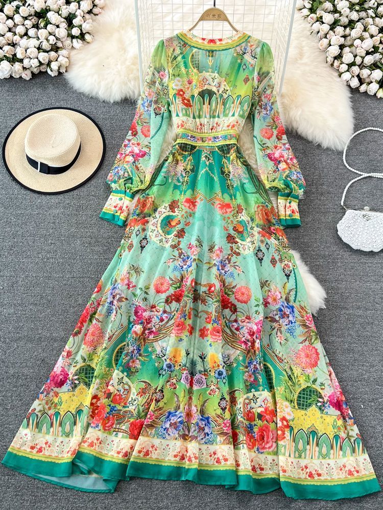 Basic Casual Dresses Runway wer Elegant Chiffon Maxi Dress Women Deep V Neck Long Sleeve ral Print Holiday Party Split Robe Vestido 230801