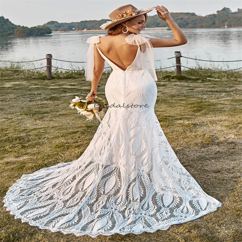 Chic Crochet Lace Bohemian Wedding Dress Cap Sleeves Mermaid Beach Backless Bride Dress 2023 Civil Rustic Plus Size Bride Gown robe mariee Femme vesti