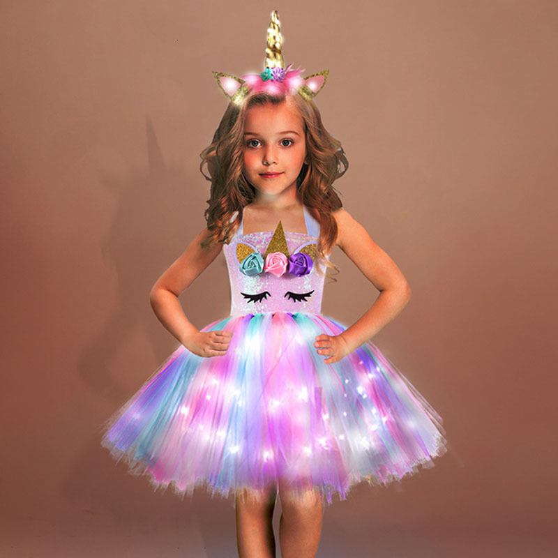 Girl's Dresses Girls Birthday Party Liight Up Unicorn Tutu Dresses Princess Dress Outfit Halloween Christmas Unicorn Costume for Kids Clothes 230