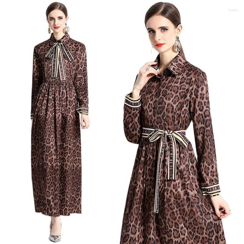 Casual Dresses Leopard Print Shirt Maxi Dress Long Sleeve Women Designer Holiday Lapel Ribbon Lace Up Bow Slim Elegant Simple