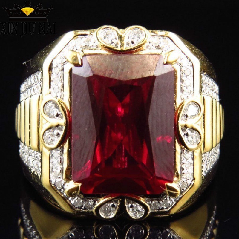 Wedding Rings Gorgeous Male Big Red Stone s925 Ring Fashion 18KT Yellow Gold Filled Vintage Engagement For Men gifts for men 230801