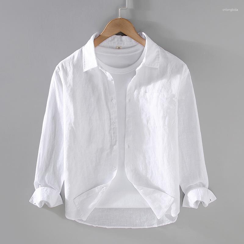 Mens Casual Shirts Pure Linen Long Sleeved Shirt For Men Summer Daily Thin Oversized Jacket Simple Cotton White