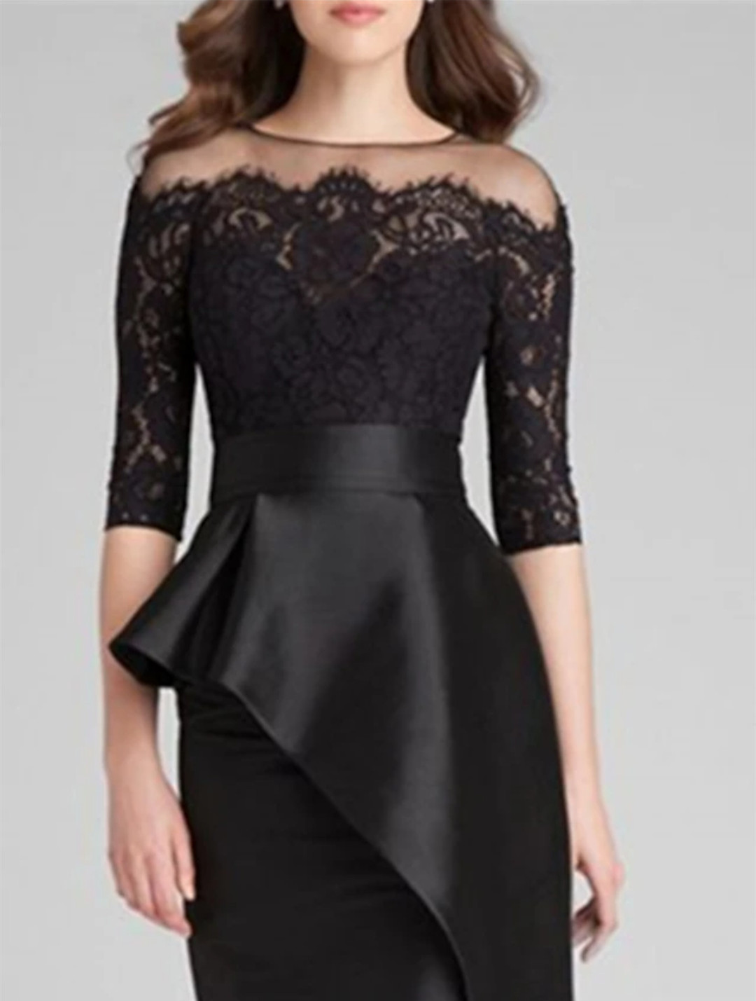 Elegant Long Black Lace Mother of the Bride Dresses With Peplum Satin Godmother Dresses Formal Party Gown Pleats La madre del vestido de novia Women D
