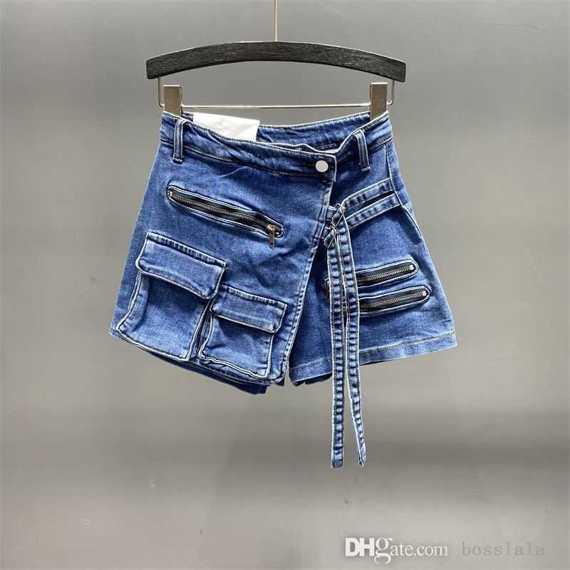 2023 Fashion Womens Shorts Skirts Elastic Jeans Irregular Multi Pocket Cargo Pants Zipper Bag Shorts Spring Summer New Denim Skirt Pants