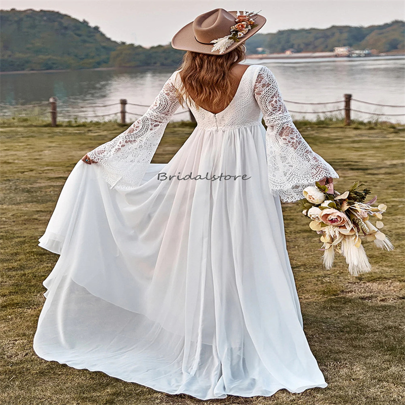 Sexy Beach Bohemian Wedding Dress 2023 V Neck Flare Lace Long Sleeve Bride Dresses Sexy Backless Civil Civil Boho Bridal Dress Vestidos De Novia hippi