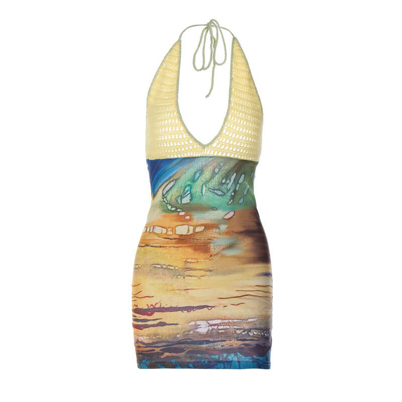 Spring Sexy Print Stitching Woolen Deep V Neck Wrap Hip Dress For Women