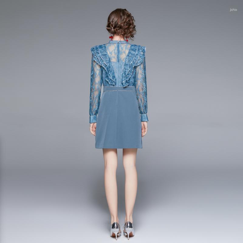 Casual Dresses Womens Summer Lace Drilled French Style Fashion Mini Dress Office Lady Bow Blue Long Sleeve Diamonds