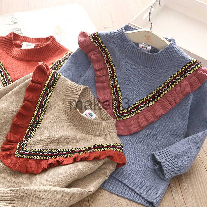 Cardigan 2022 Autumn Winter Spring 2 3 4 6 8 10 12 Years Children ONeck Knitted Pullover Cotton Ruffles Patchwork Kids Baby Girl Sweater J230801