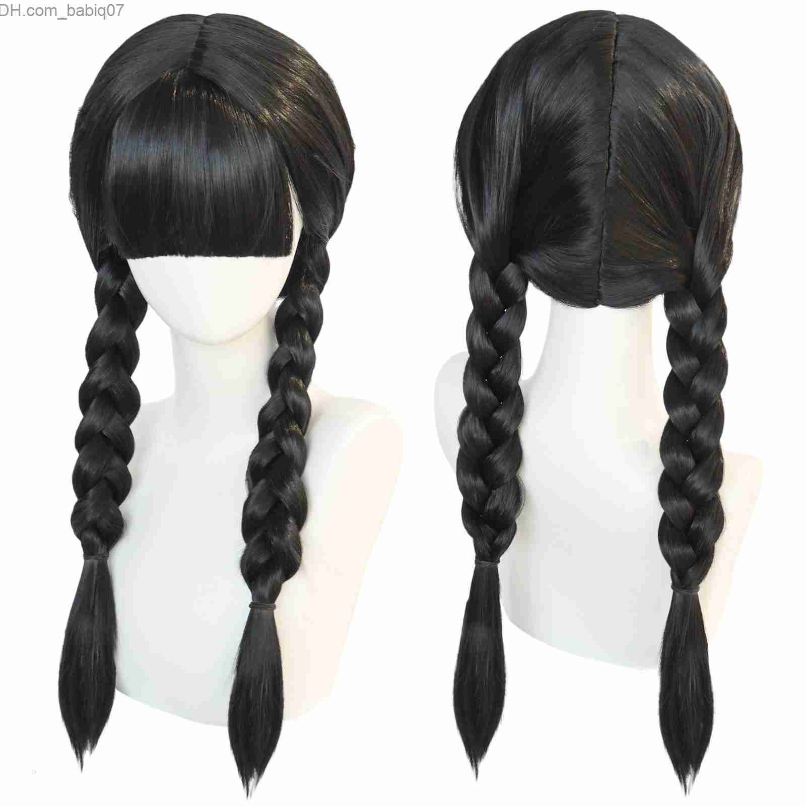 Synthetic Wigs Synthetic Wigs Anogol Wednesday Addams Cosplay Wig Movie The Family Long Black Braids Hair with Bangs for Halloween Party 230214 Z23080