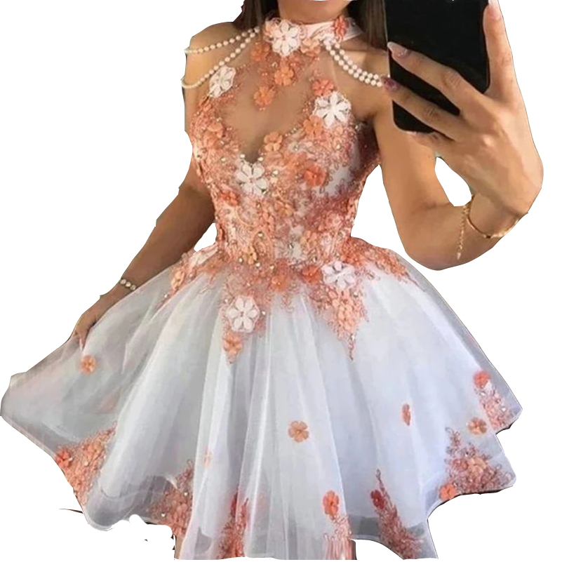 2023 Short Cocktail Dresses High Neck Lace Appliques Crystal Beaded Pearls 3D Floral Flowers Knee Length Party Gowns Homecoming Prom Dress A Line