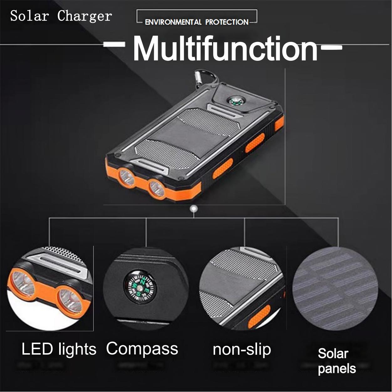 Solar Charger 8000mAh Power Bank Portable Generator Dual USB 5V Port Built-in Led Flashlight and Compass for Cell Phone Outages Home Emergency Kits Ca