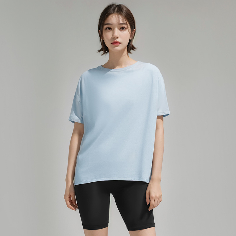 L813 Womens Yoga T-shirt Summer Top Womens Round Collar Short Sleeve Elastic Breathable Sports Fitness Solid Color